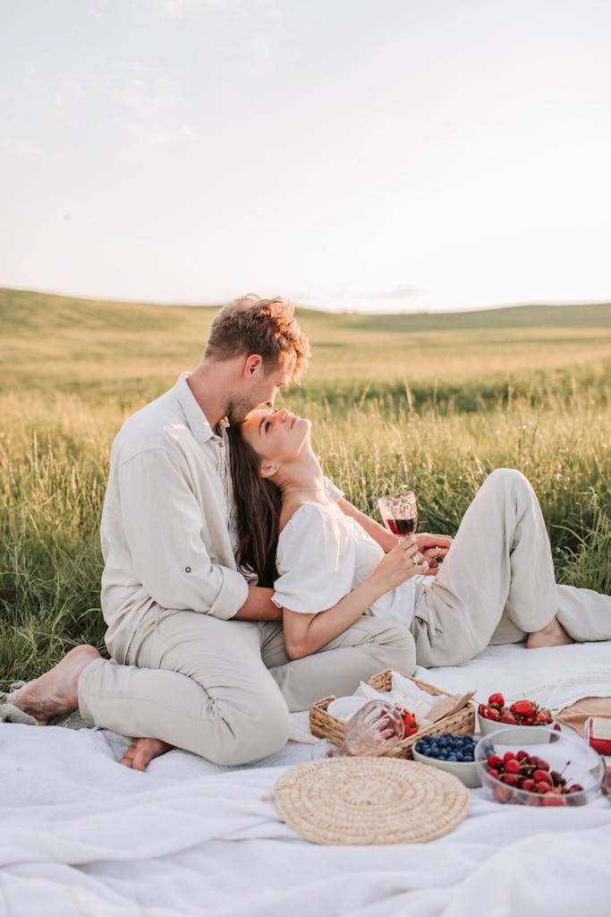 Young couple enjoying a romantic picnic in a serene green field.
